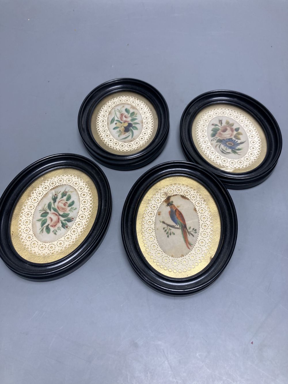 Two pairs of Edwardian watercolour flower and bird studies, retailed by F.J. Harris & Son, of Bath
